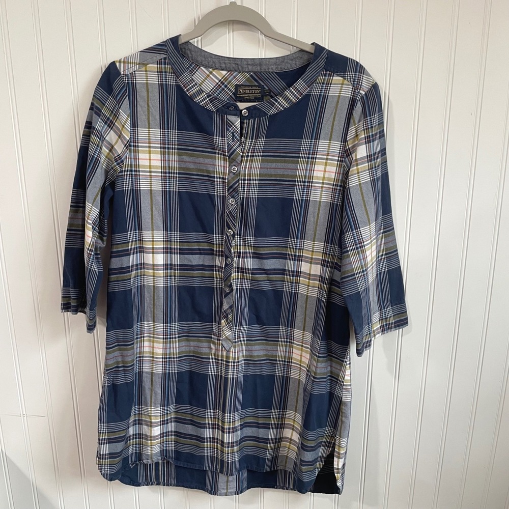 Pendleton Blue Plaid Tunic Top Cotton 3/4 Sleeve Petite Medium Casual Western‎